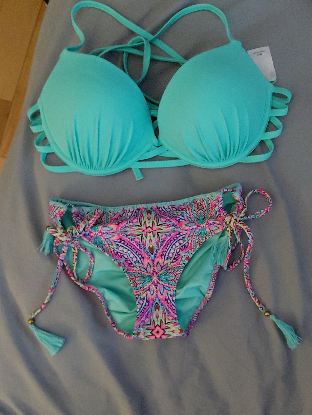 Shade & Shore Turquoise Push-Up Bikini with Multicolor Tie-Side Bottoms